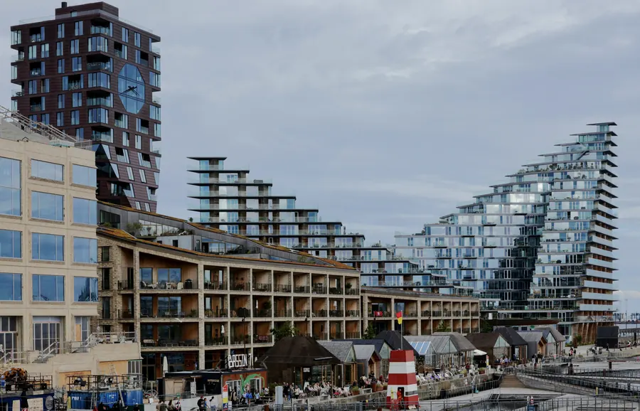 Stepped residential blocks with sloping roofs on the Aarhus waterfront