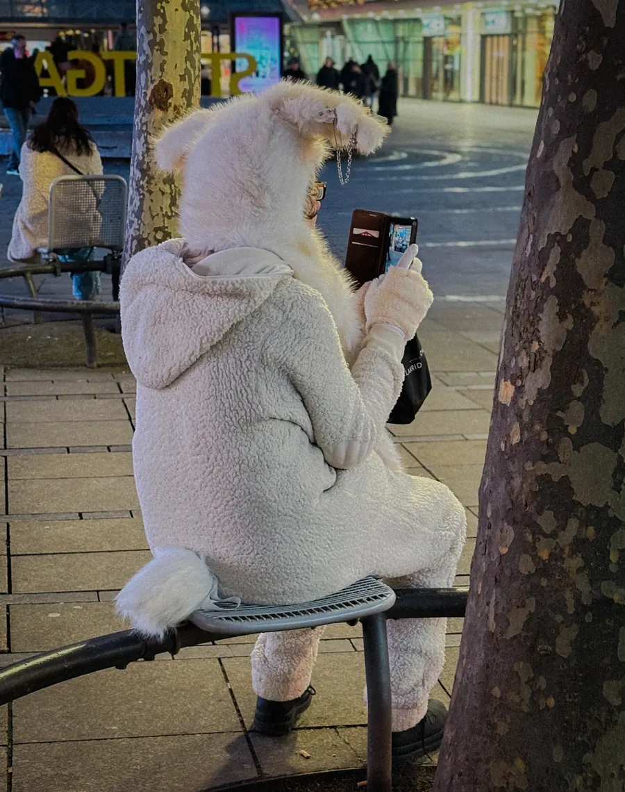 Person in a fluffy white bunny costume on a bench, looking at a phone