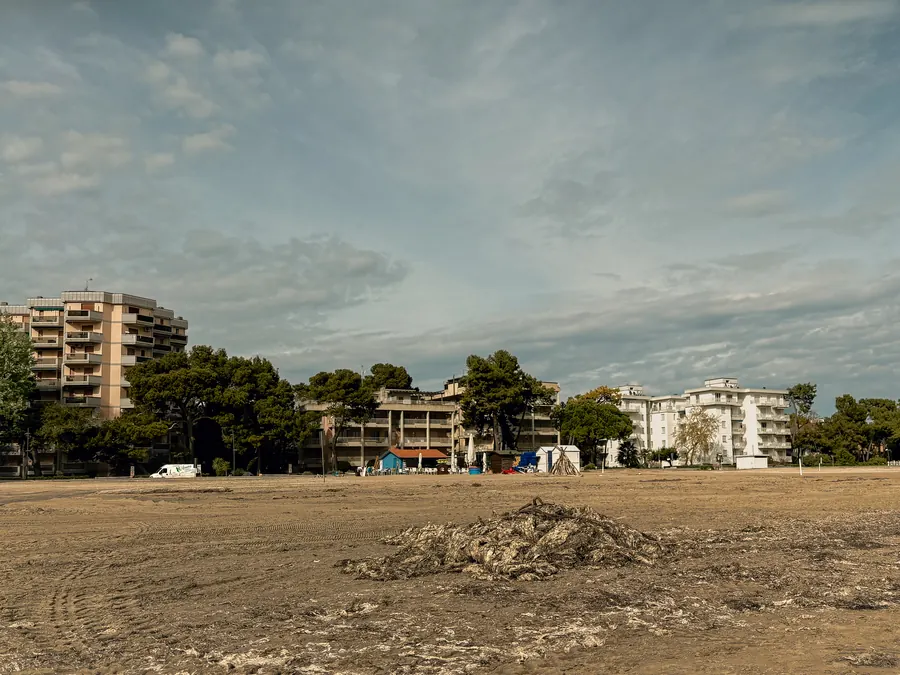 Empty raked beach with a pile of seaweed, apartment blocks behind